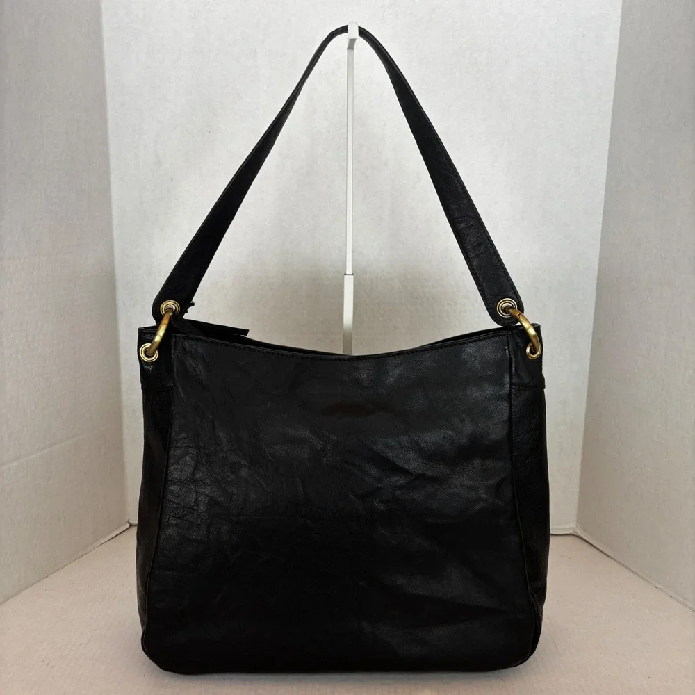 écotorie BLEU Shoulder Bag Womens Large‎ Black Real Leather Hobo Tote Gold Ring